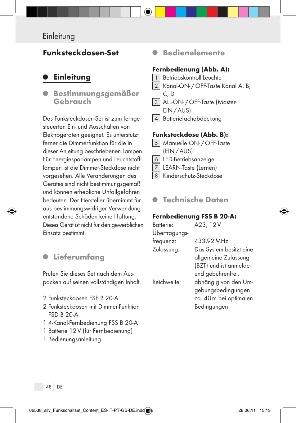 Einleitung, Lieferumfang, Bedienelemente | Technische daten | Silvercrest Electrical Sockets User Manual | Page 44 / 52