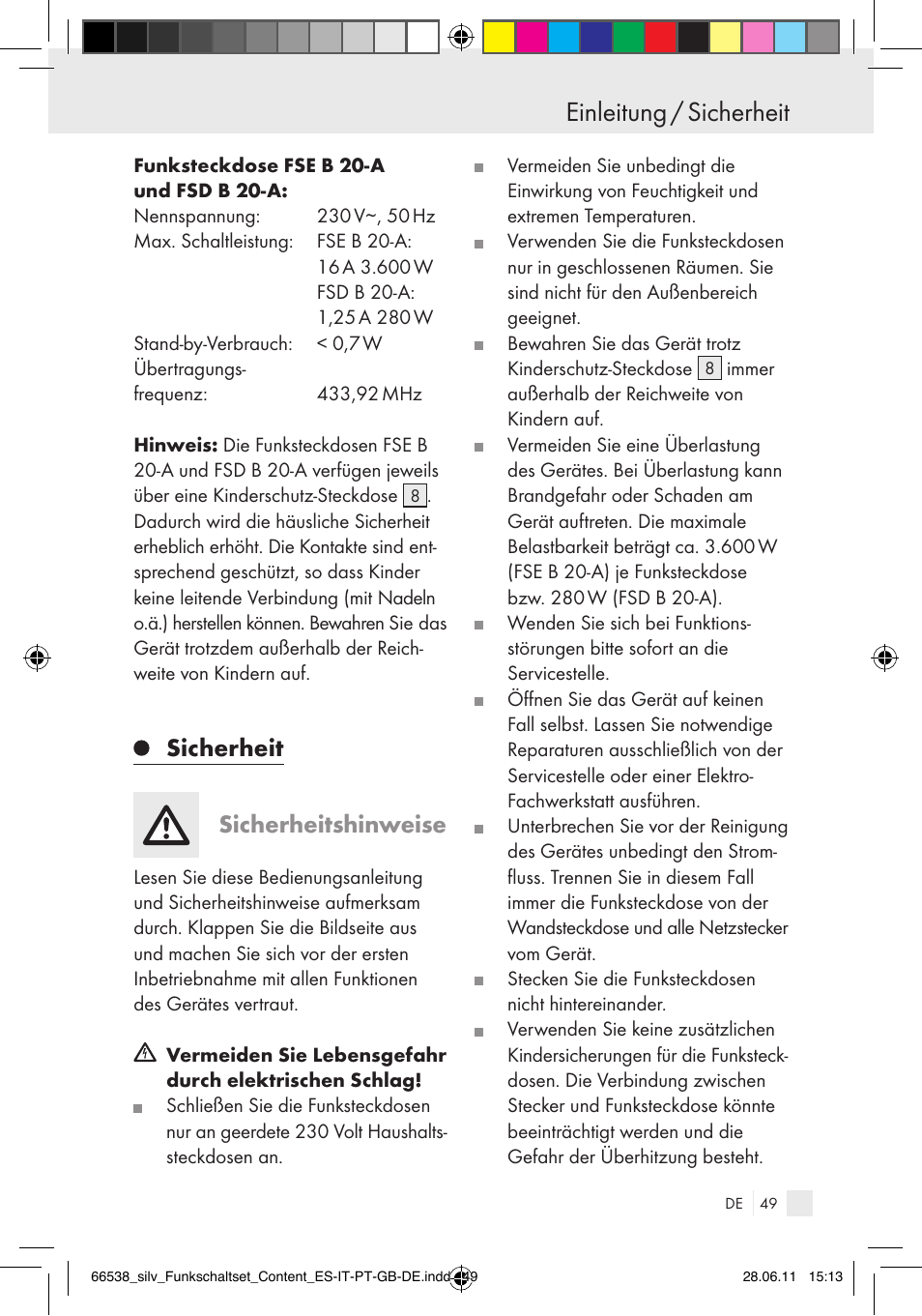 Einleitung / sicherheit, Sicherheit sicherheitshinweise | Silvercrest Electrical Sockets User Manual | Page 45 / 52