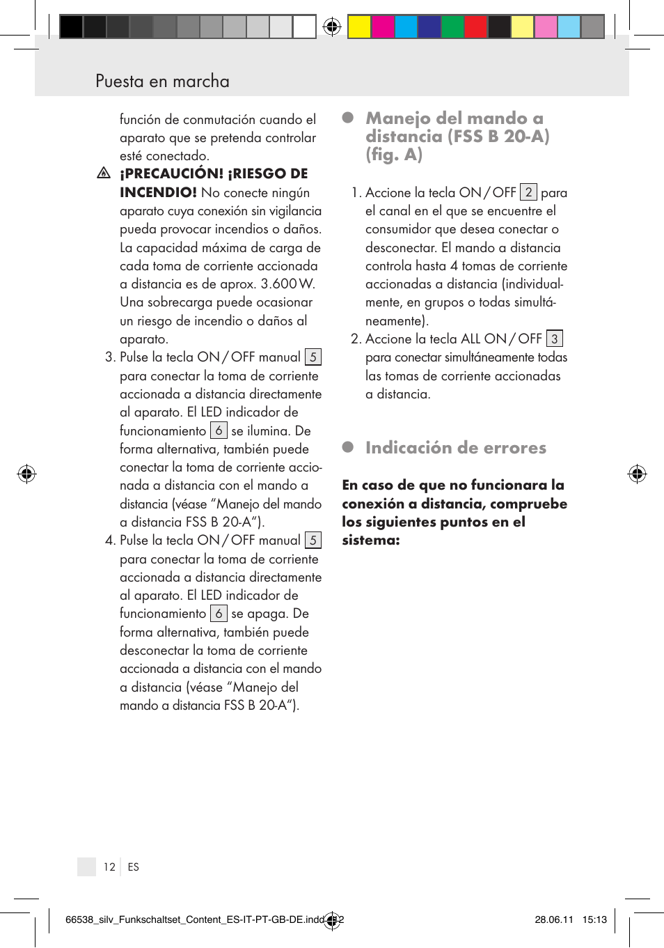 Puesta en marcha, Manejo del mando a distancia (fss b 20-a) (fig. a), Indicación de errores | Silvercrest Electrical Sockets User Manual | Page 8 / 52