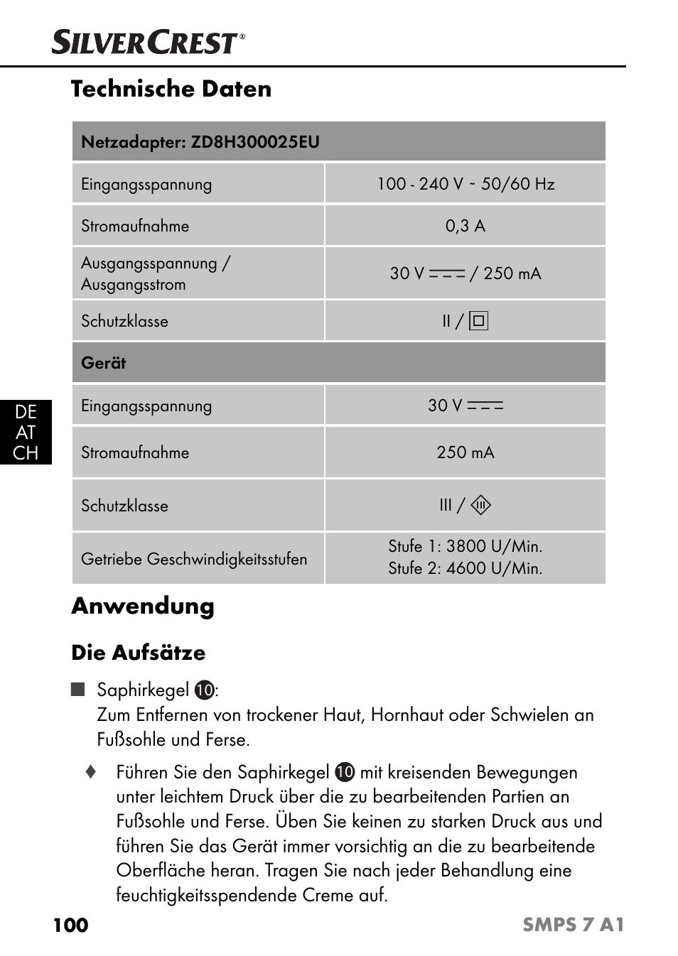 Technische daten, Anwendung, Die aufsätze | Silvercrest SMPS 7 A1 User Manual | Page 103 / 112