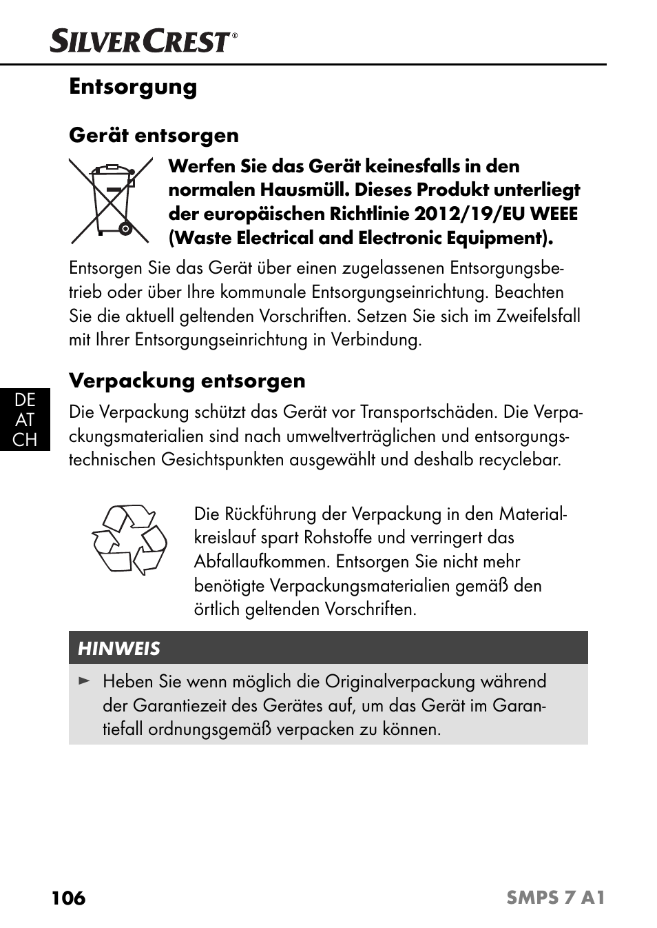 Entsorgung | Silvercrest SMPS 7 A1 User Manual | Page 109 / 112