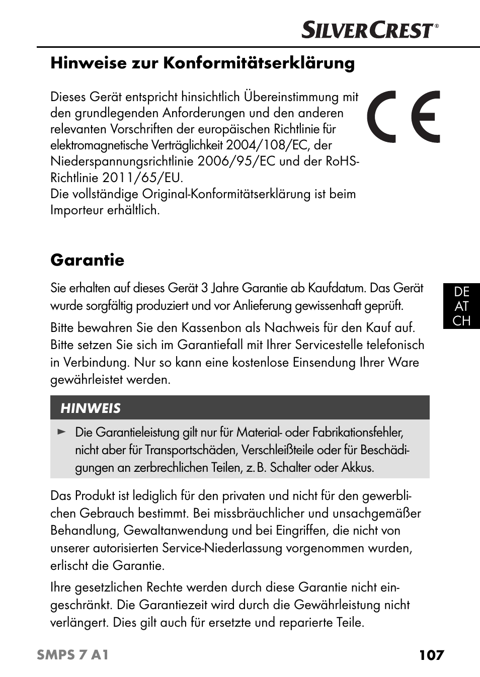 Hinweise zur konformitätserklärung, Garantie | Silvercrest SMPS 7 A1 User Manual | Page 110 / 112