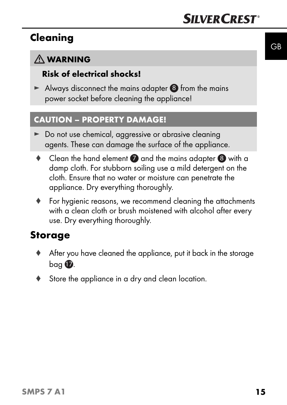 Cleaning, Storage | Silvercrest SMPS 7 A1 User Manual | Page 18 / 112