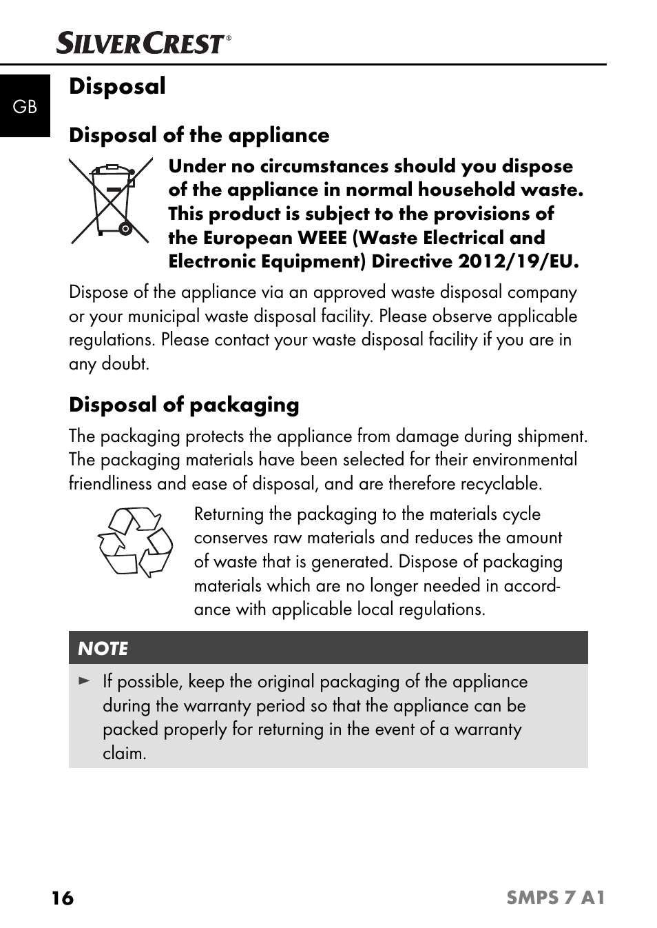 Disposal | Silvercrest SMPS 7 A1 User Manual | Page 19 / 112