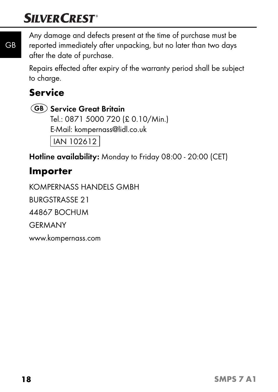 Service, Importer | Silvercrest SMPS 7 A1 User Manual | Page 21 / 112
