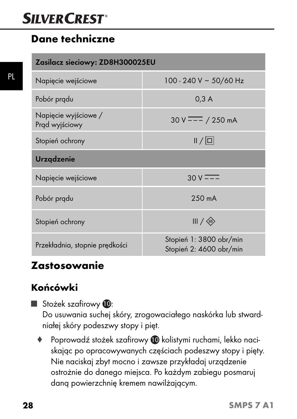 Dane techniczne, Zastosowanie, Końcówki | Silvercrest SMPS 7 A1 User Manual | Page 31 / 112