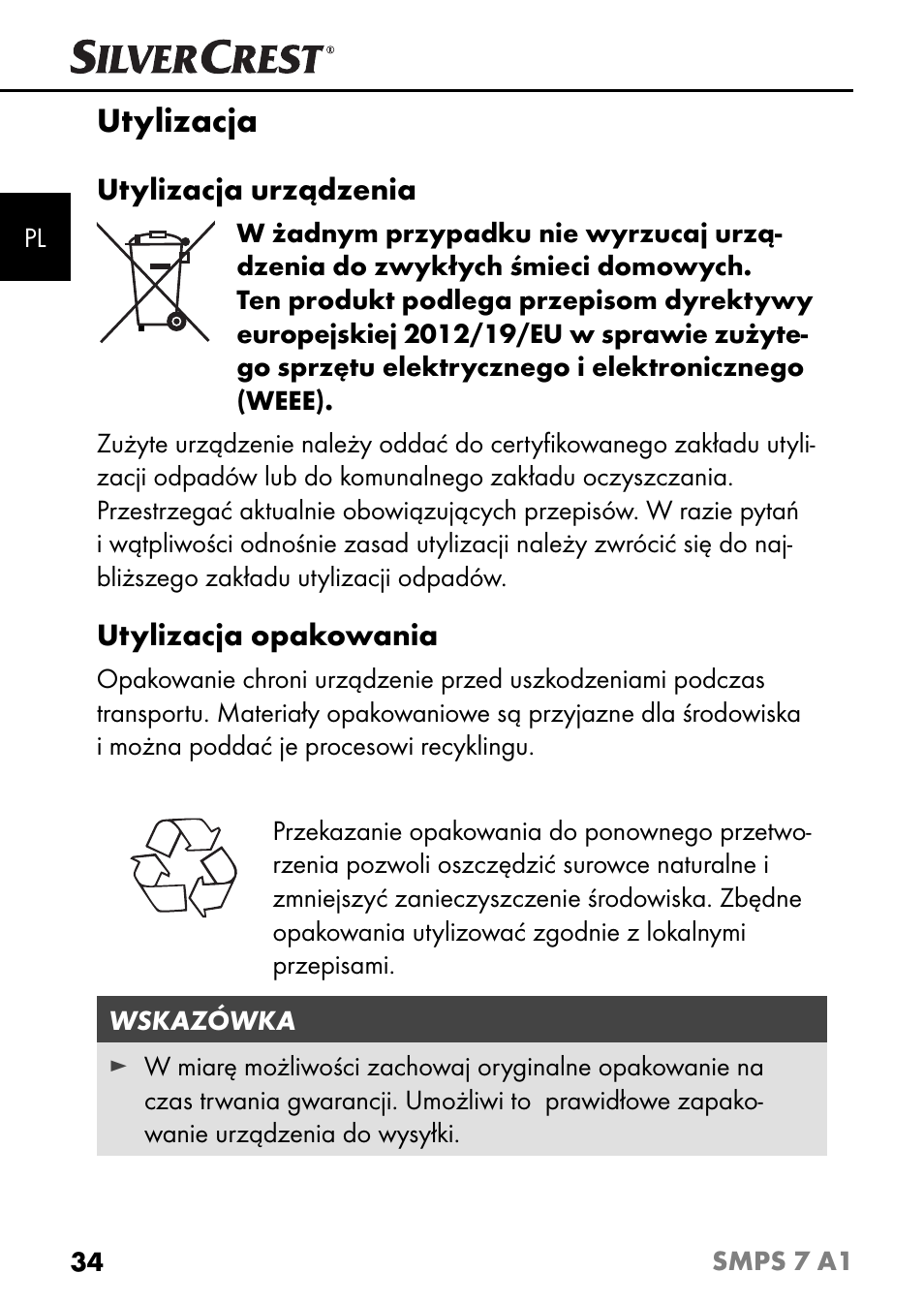 Utylizacja | Silvercrest SMPS 7 A1 User Manual | Page 37 / 112