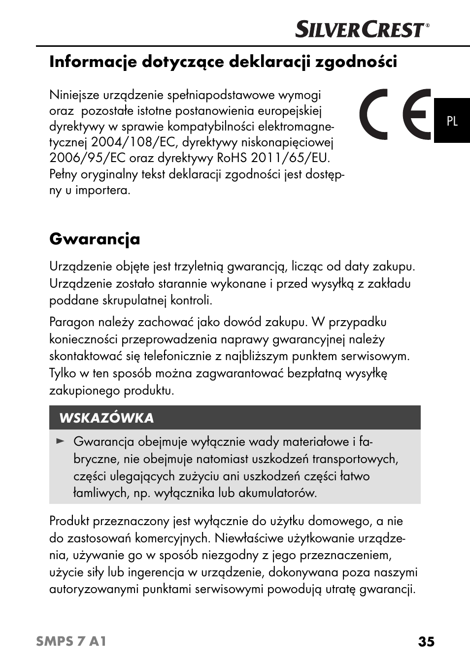 Informacje dotyczące deklaracji zgodności, Gwarancja | Silvercrest SMPS 7 A1 User Manual | Page 38 / 112