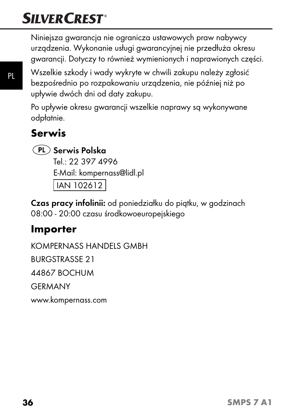 Serwis, Importer | Silvercrest SMPS 7 A1 User Manual | Page 39 / 112