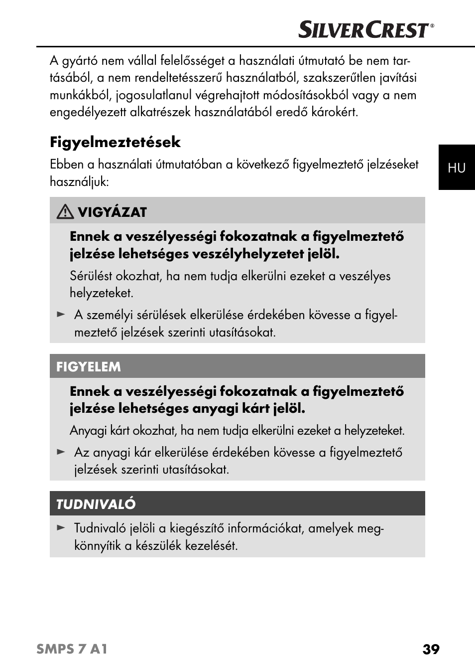 Figyelmeztetések | Silvercrest SMPS 7 A1 User Manual | Page 42 / 112