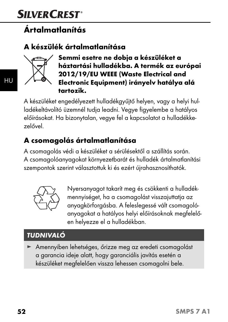 Ártalmatlanítás | Silvercrest SMPS 7 A1 User Manual | Page 55 / 112