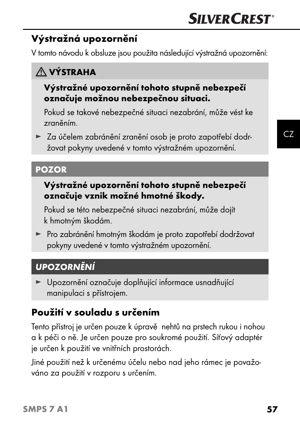 Výstražná upozornění, Použití v souladu s určením | Silvercrest SMPS 7 A1 User Manual | Page 60 / 112