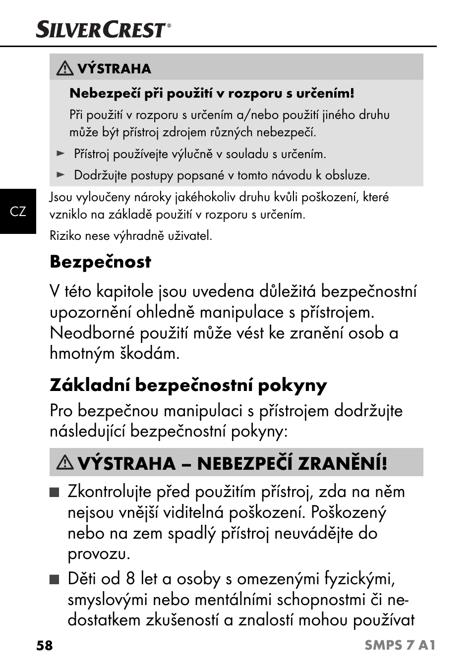 Výstraha – nebezpečí zranění | Silvercrest SMPS 7 A1 User Manual | Page 61 / 112