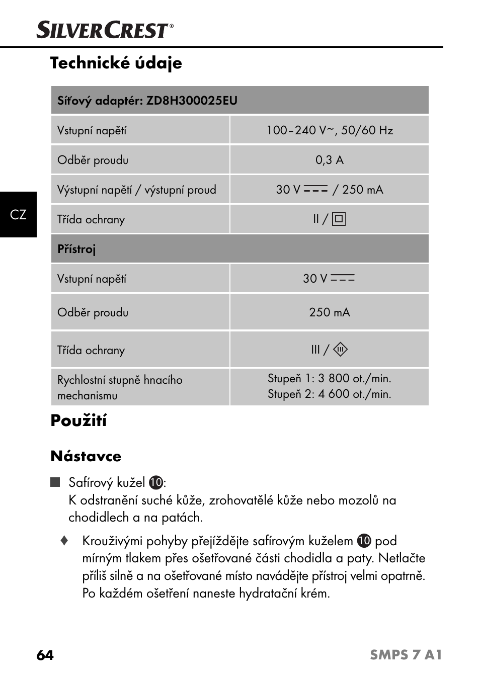 Technické údaje, Použití, Nástavce | Silvercrest SMPS 7 A1 User Manual | Page 67 / 112