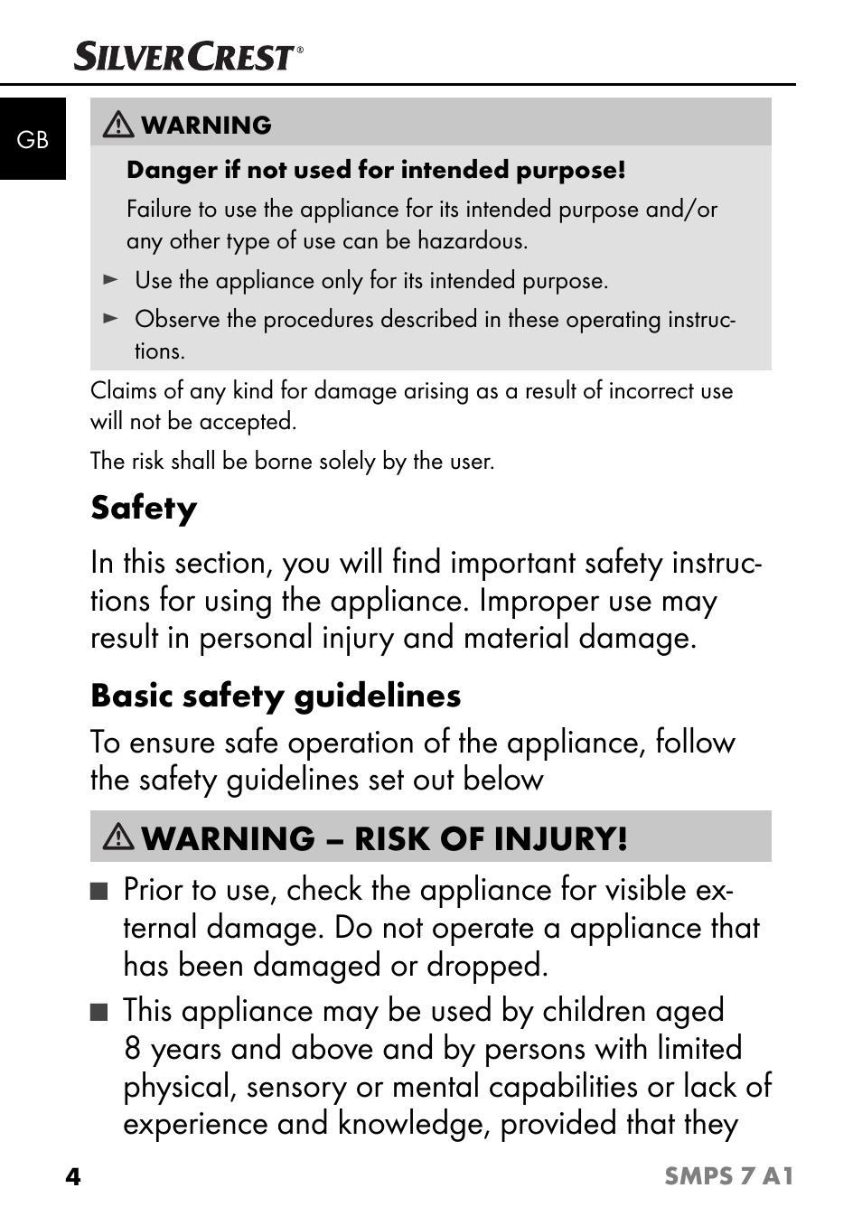 Warning – risk of injury | Silvercrest SMPS 7 A1 User Manual | Page 7 / 112