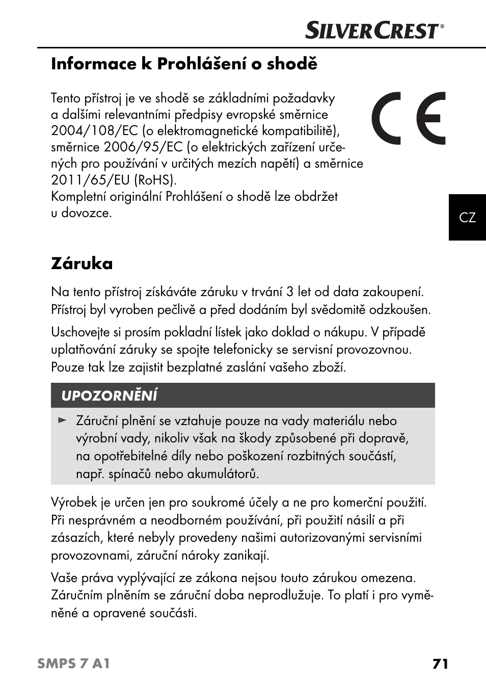 Informace k prohlášení o shodě, Záruka | Silvercrest SMPS 7 A1 User Manual | Page 74 / 112