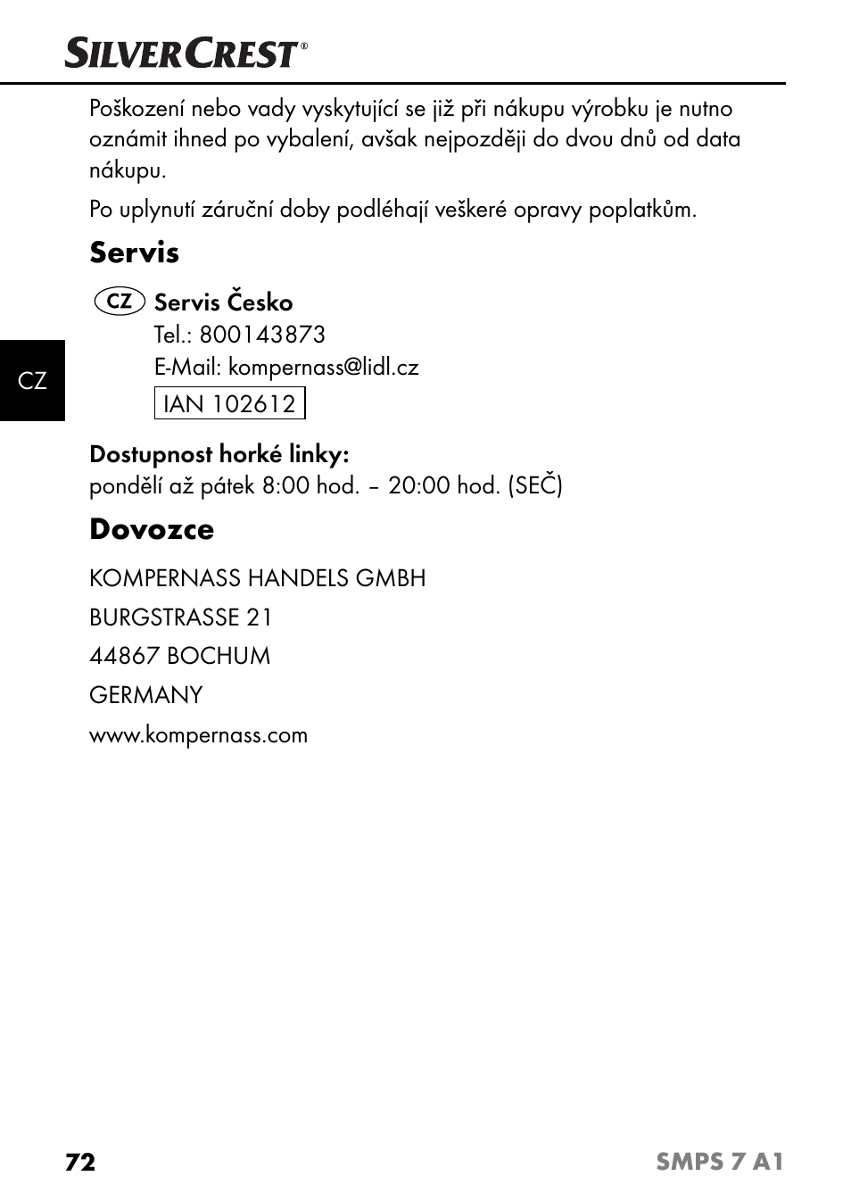 Servis, Dovozce | Silvercrest SMPS 7 A1 User Manual | Page 75 / 112