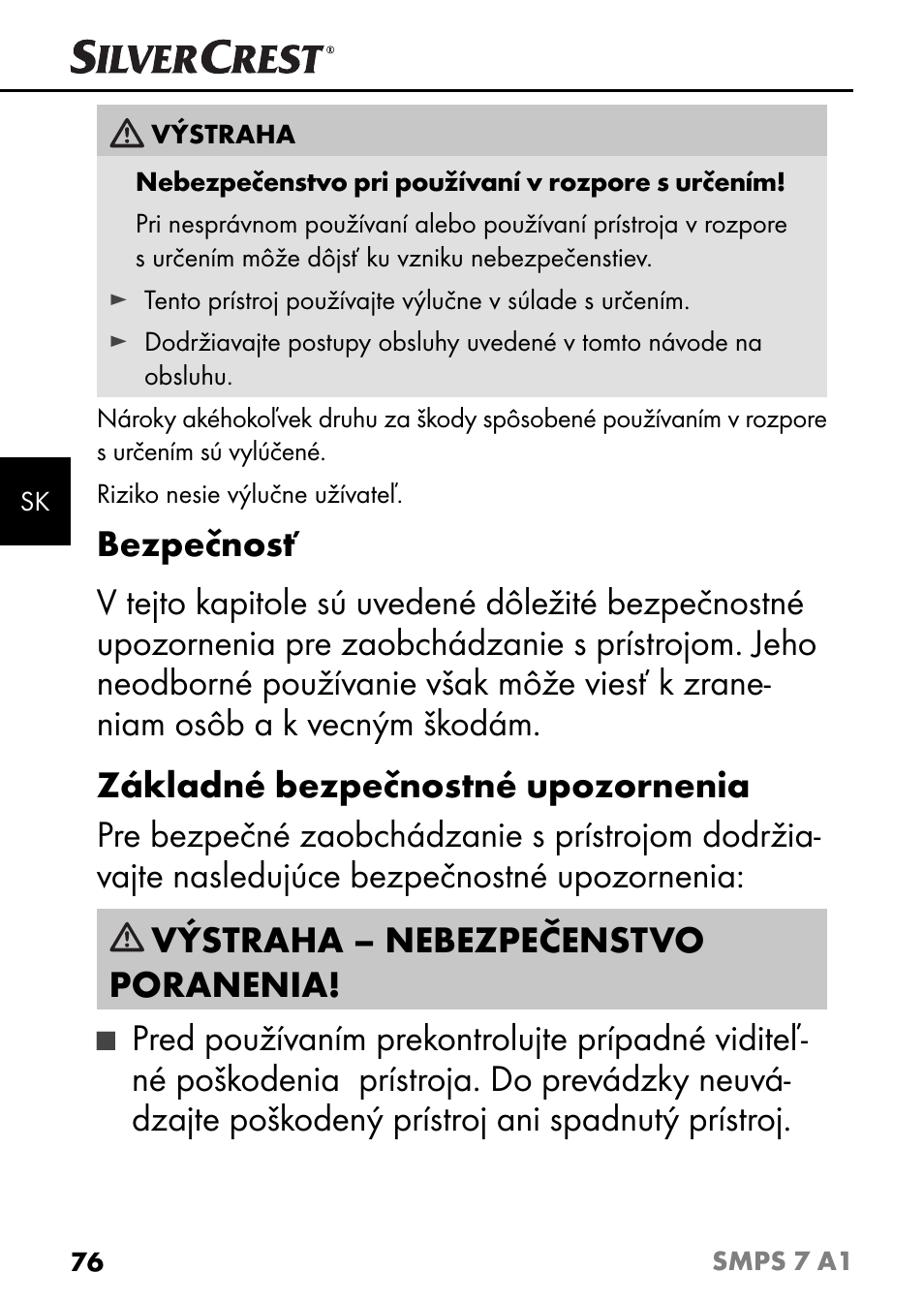 Výstraha – nebezpečenstvo poranenia | Silvercrest SMPS 7 A1 User Manual | Page 79 / 112