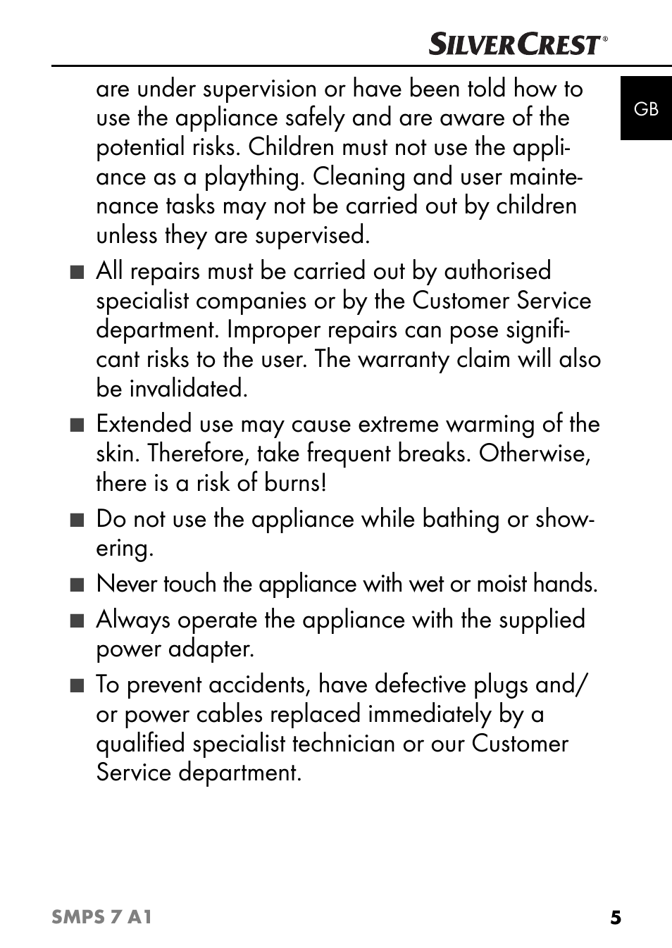 Never touch the appliance with wet or moist hands | Silvercrest SMPS 7 A1 User Manual | Page 8 / 112