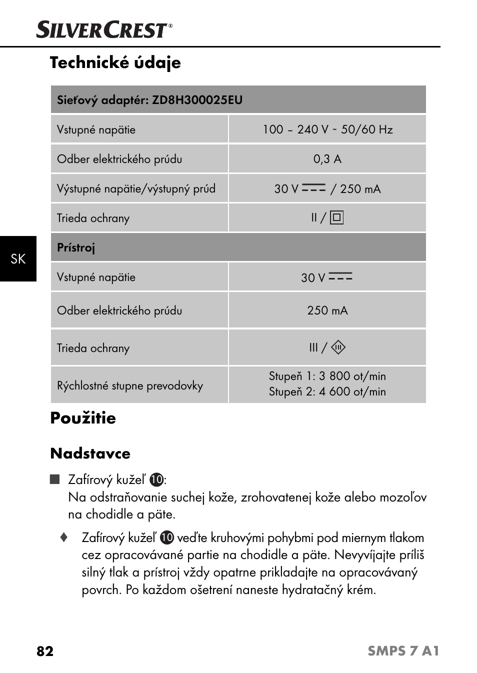 Technické údaje, Použitie, Nadstavce | Silvercrest SMPS 7 A1 User Manual | Page 85 / 112
