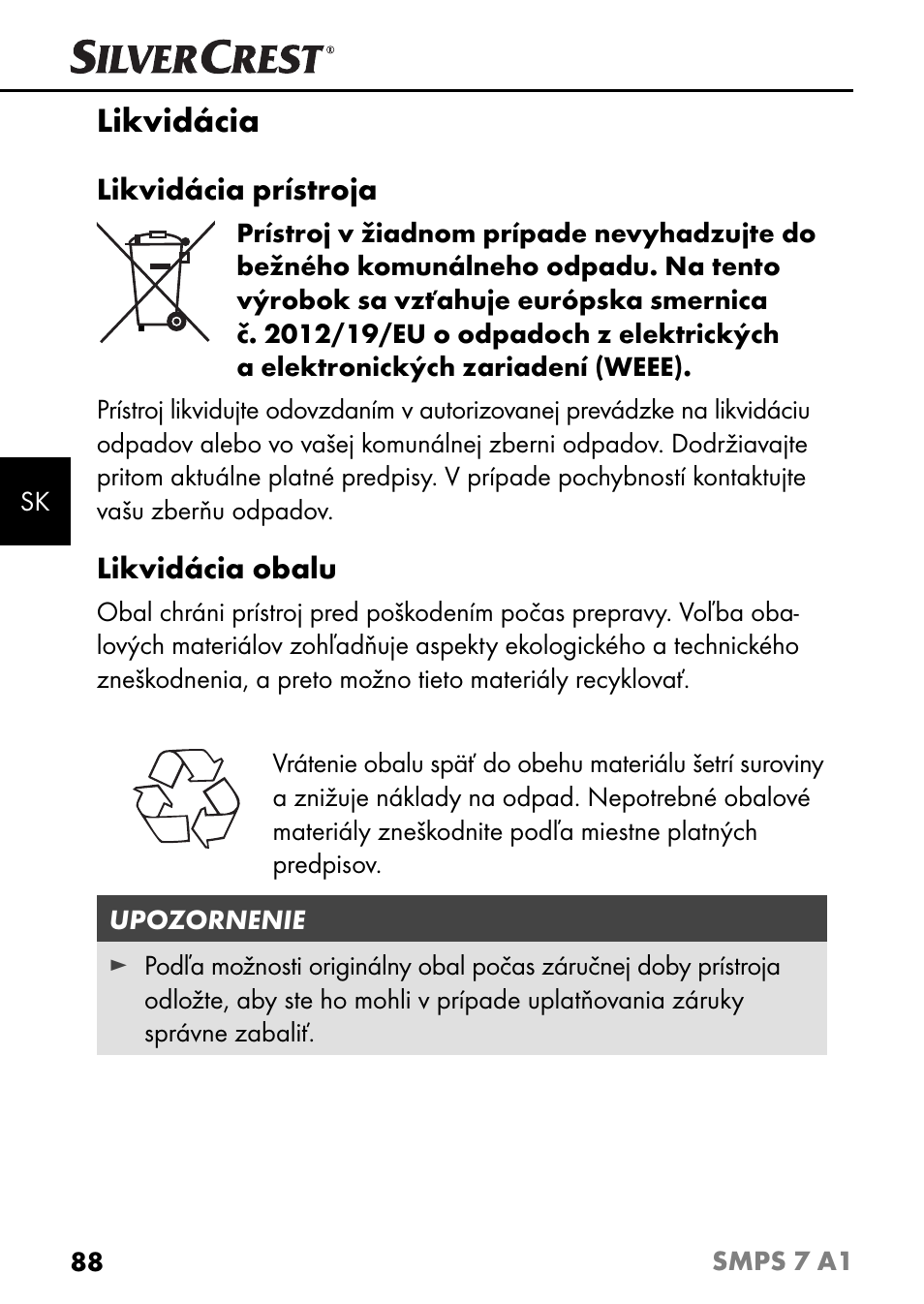 Likvidácia | Silvercrest SMPS 7 A1 User Manual | Page 91 / 112