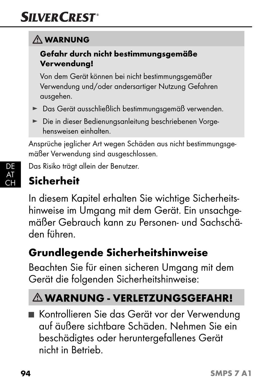 Warnung - verletzungsgefahr | Silvercrest SMPS 7 A1 User Manual | Page 97 / 112