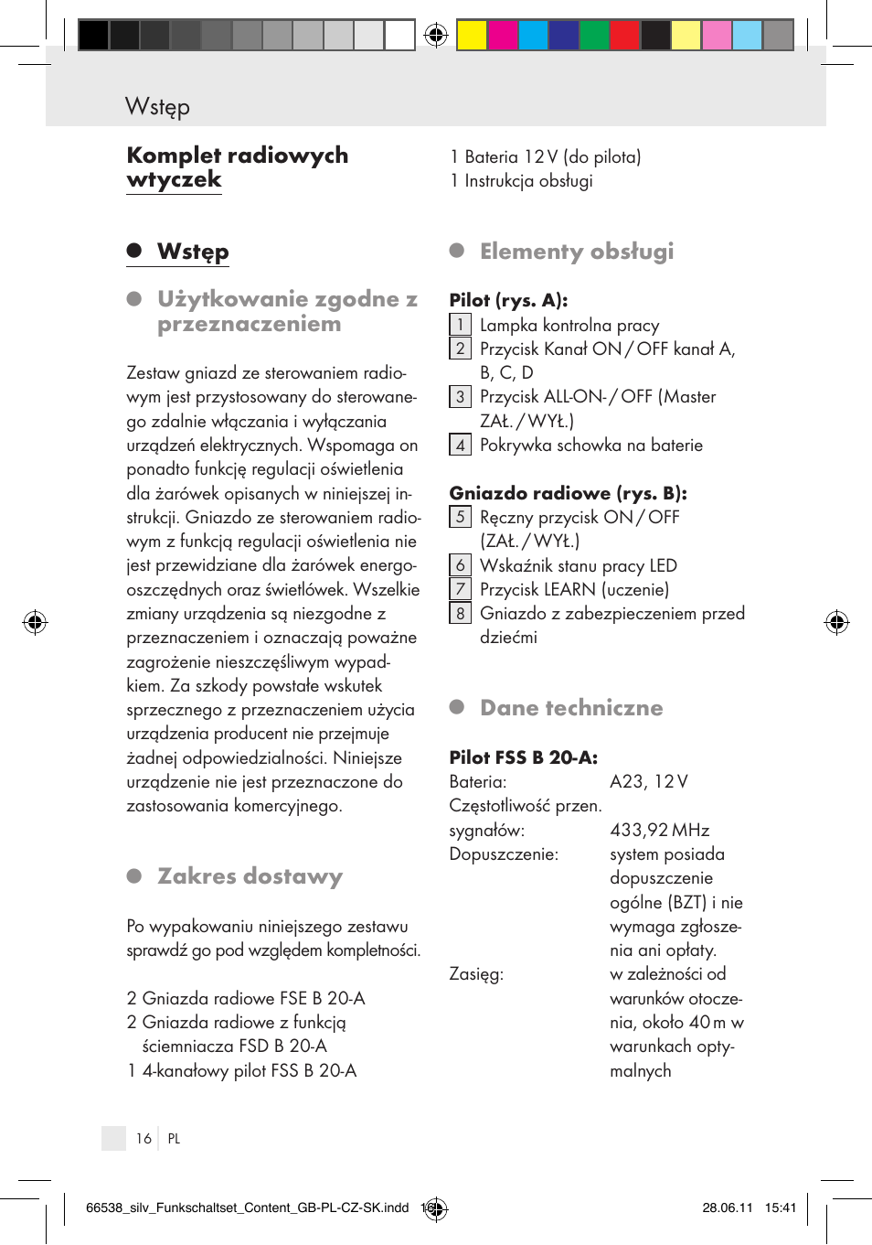 Wstęp, Komplet radiowych wtyczek, Użytkowanie zgodne z przeznaczeniem | Zakres dostawy, Elementy obsługi, Dane techniczne | Silvercrest Electrical Sockets User Manual | Page 12 / 40