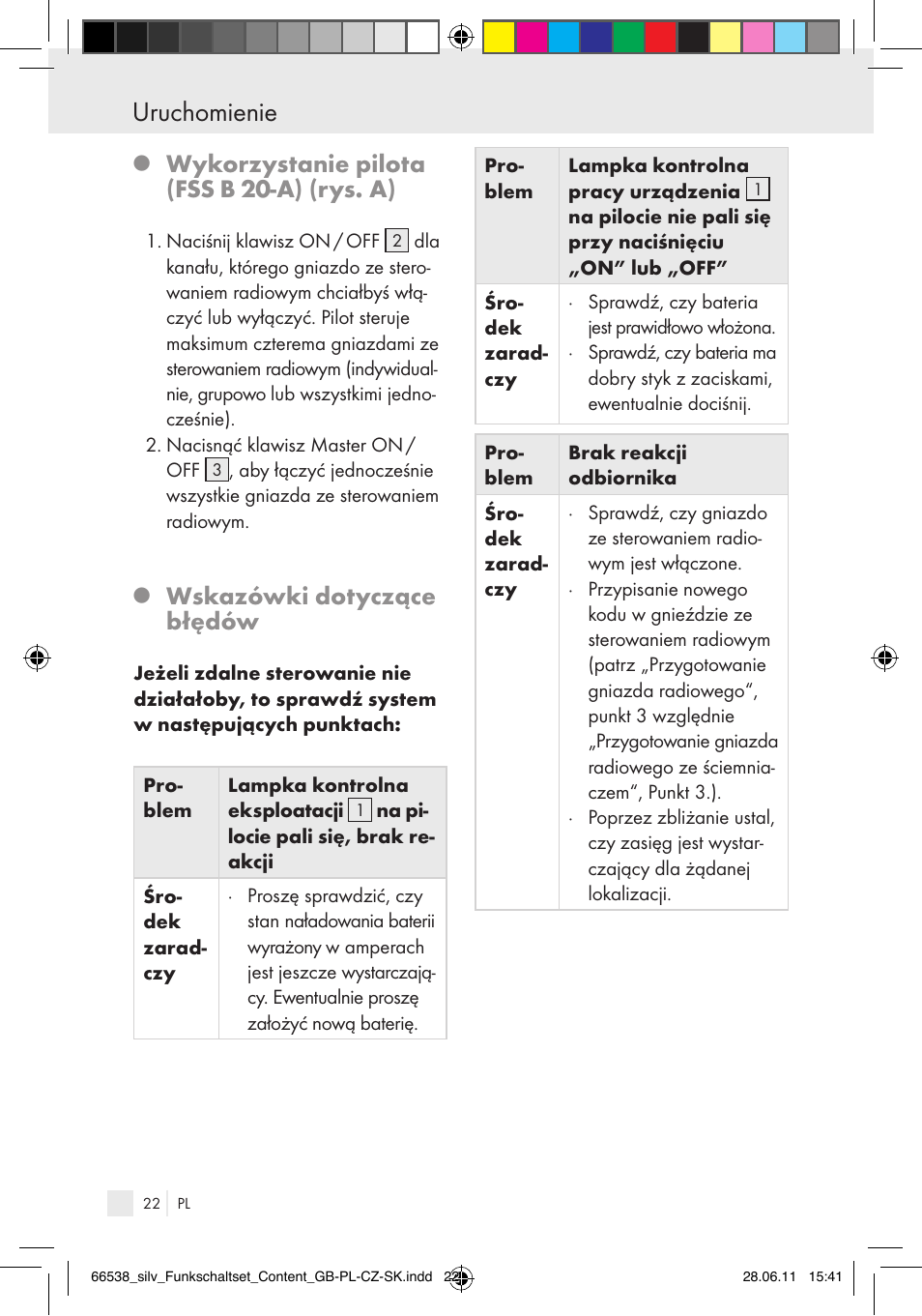 Uruchomienie, Wykorzystanie pilota (fss b 20-a) (rys. a), Wskazówki dotyczące błędów | Silvercrest Electrical Sockets User Manual | Page 18 / 40