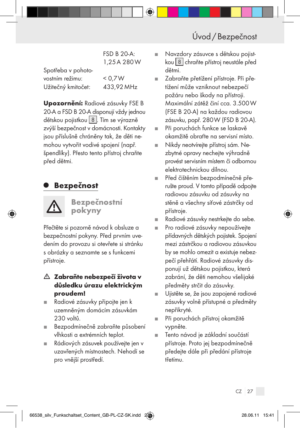 Úvod / bezpečnost, Bezpečnost, Bezpečnostní pokyny | Silvercrest Electrical Sockets User Manual | Page 23 / 40