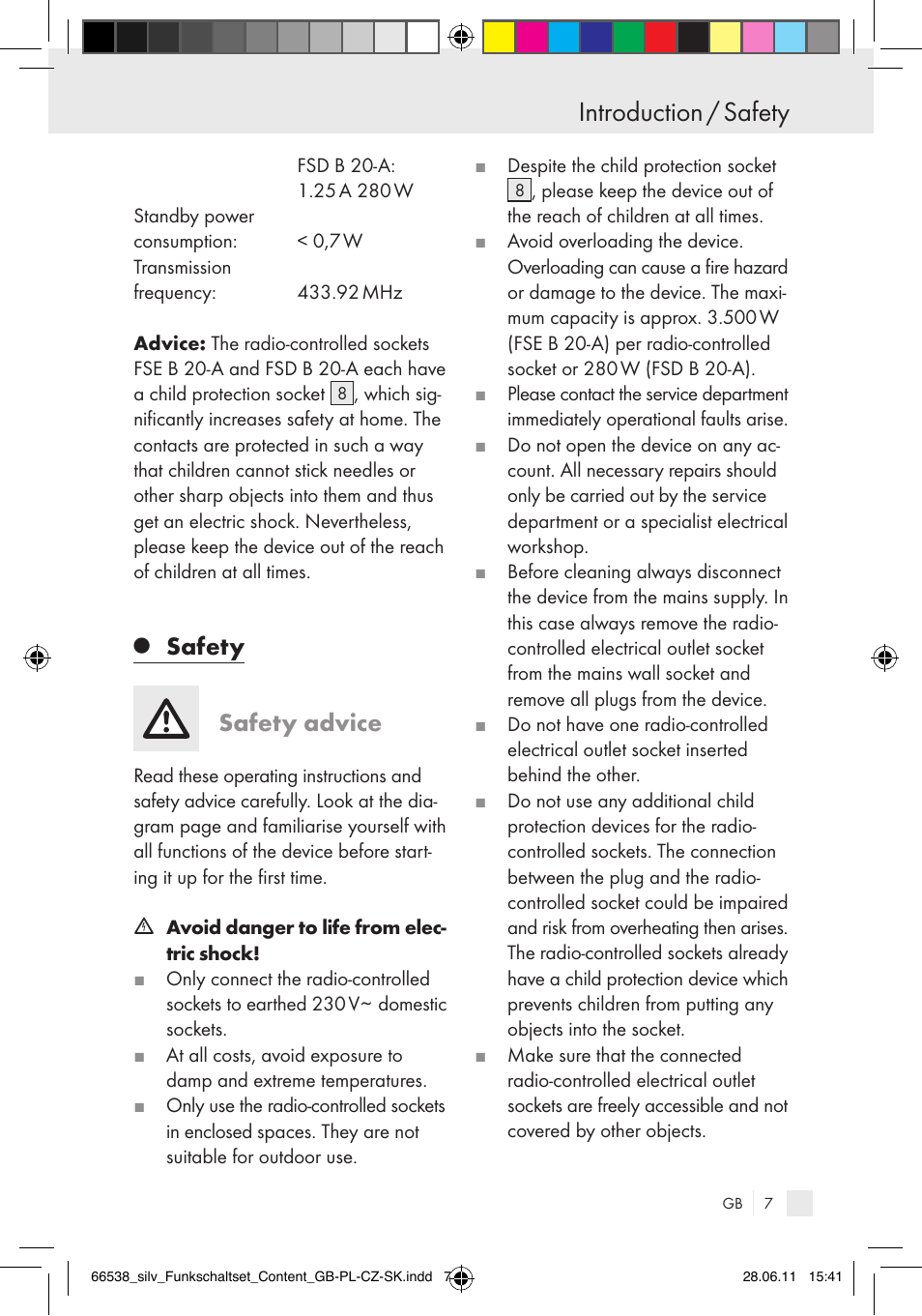 Introduction / safety, Safety, Safety advice | Silvercrest Electrical Sockets User Manual | Page 3 / 40