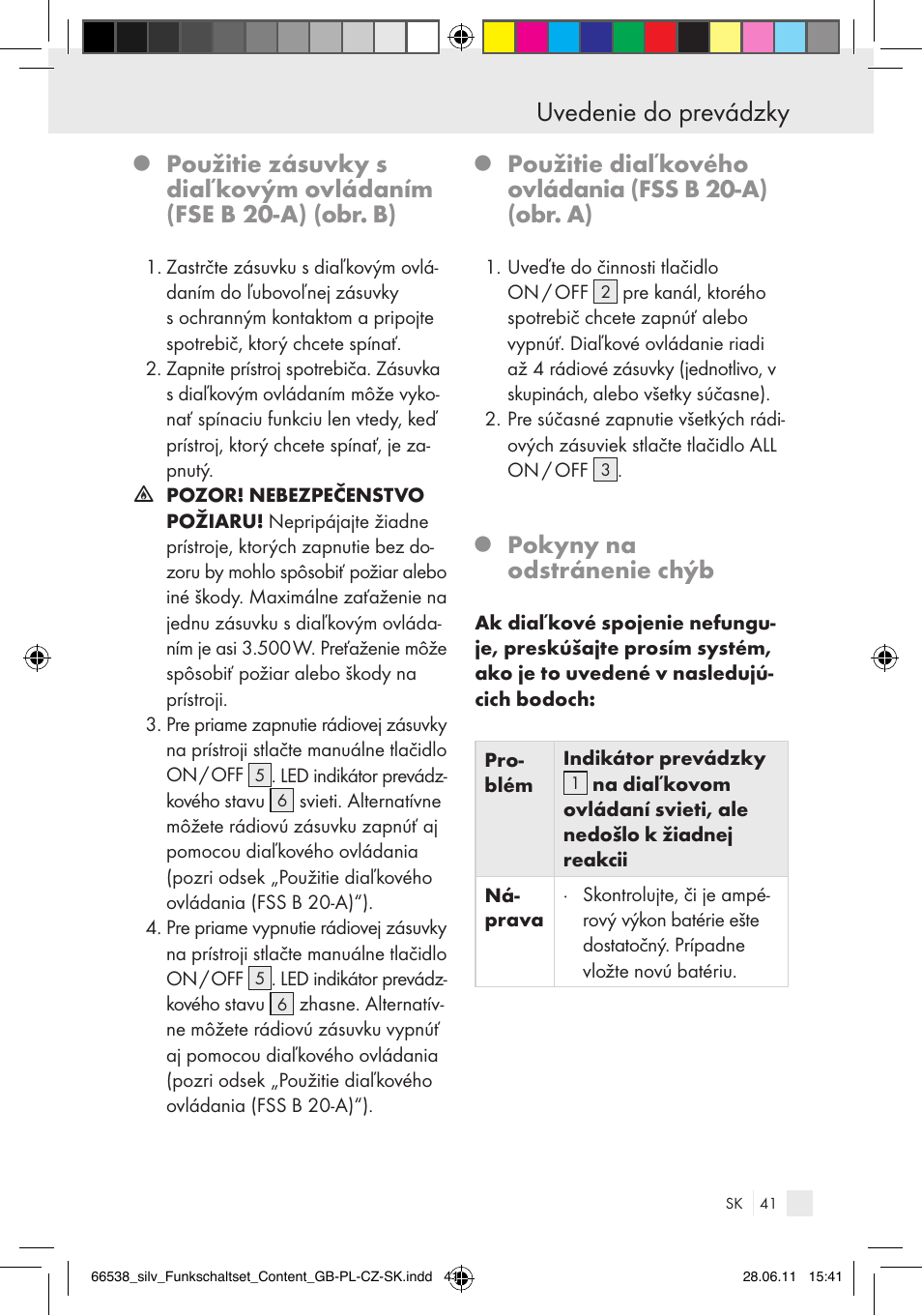 Uvedenie do prevádzky, Pokyny na odstránenie chýb | Silvercrest Electrical Sockets User Manual | Page 37 / 40