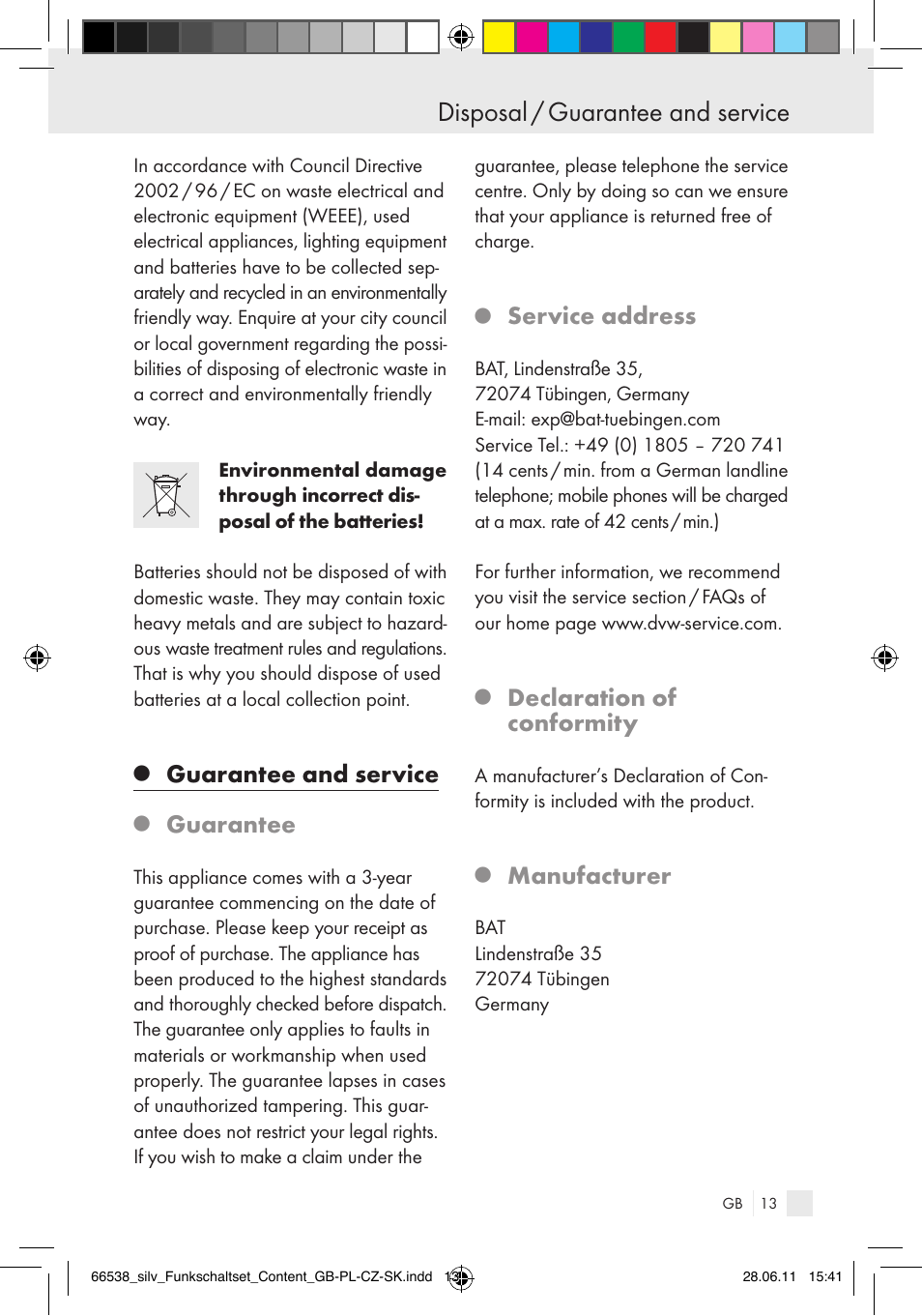 Disposal / guarantee and service, Guarantee and service, Guarantee | Service address, Declaration of conformity, Manufacturer | Silvercrest Electrical Sockets User Manual | Page 9 / 40