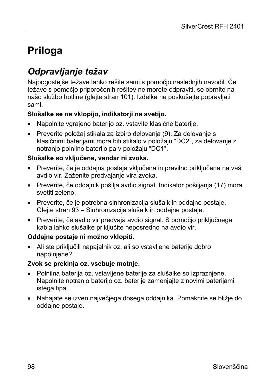Priloga, Odpravljanje težav | Silvercrest RFH 2401 User Manual | Page 100 / 183