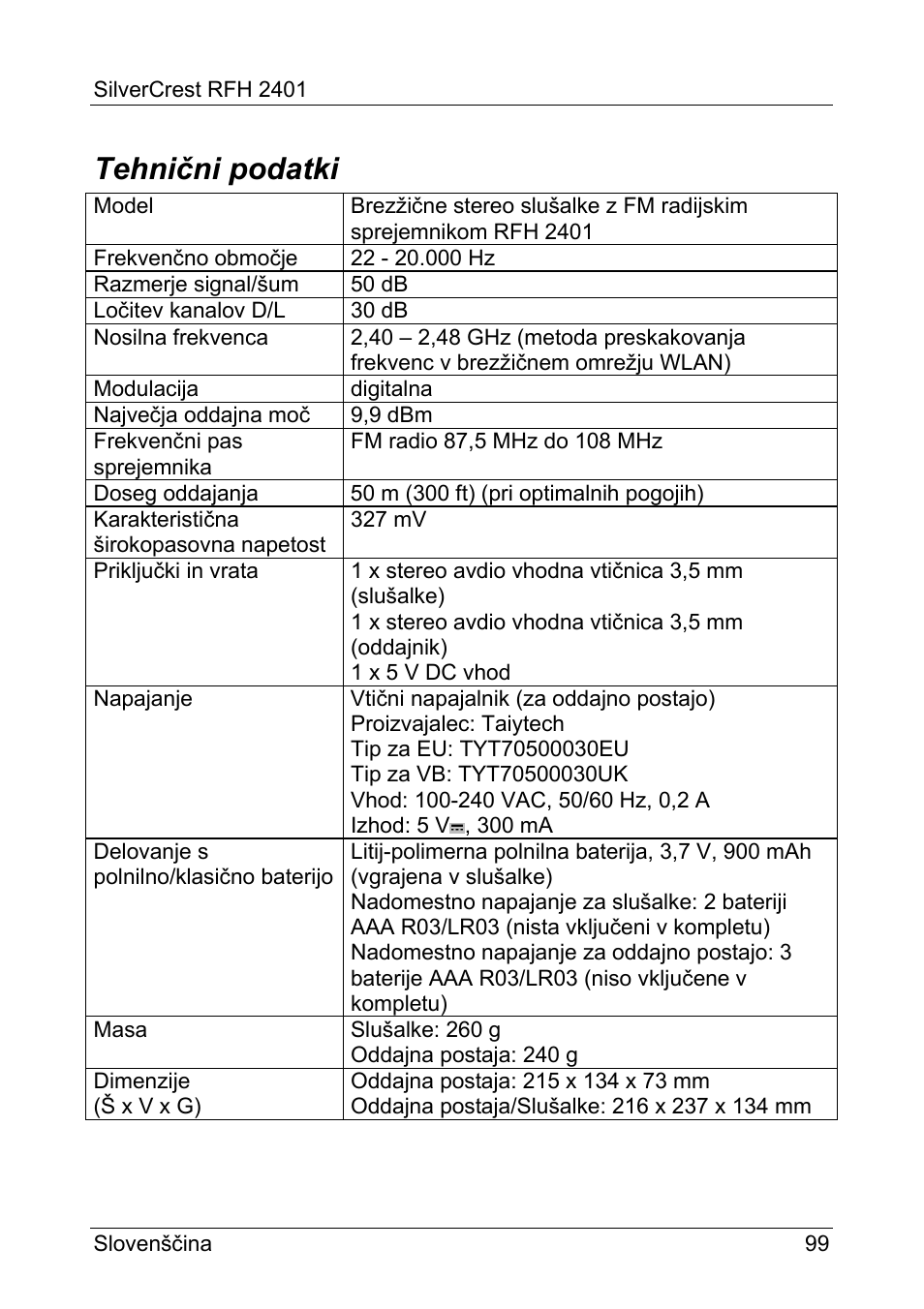 Tehnični podatki | Silvercrest RFH 2401 User Manual | Page 101 / 183