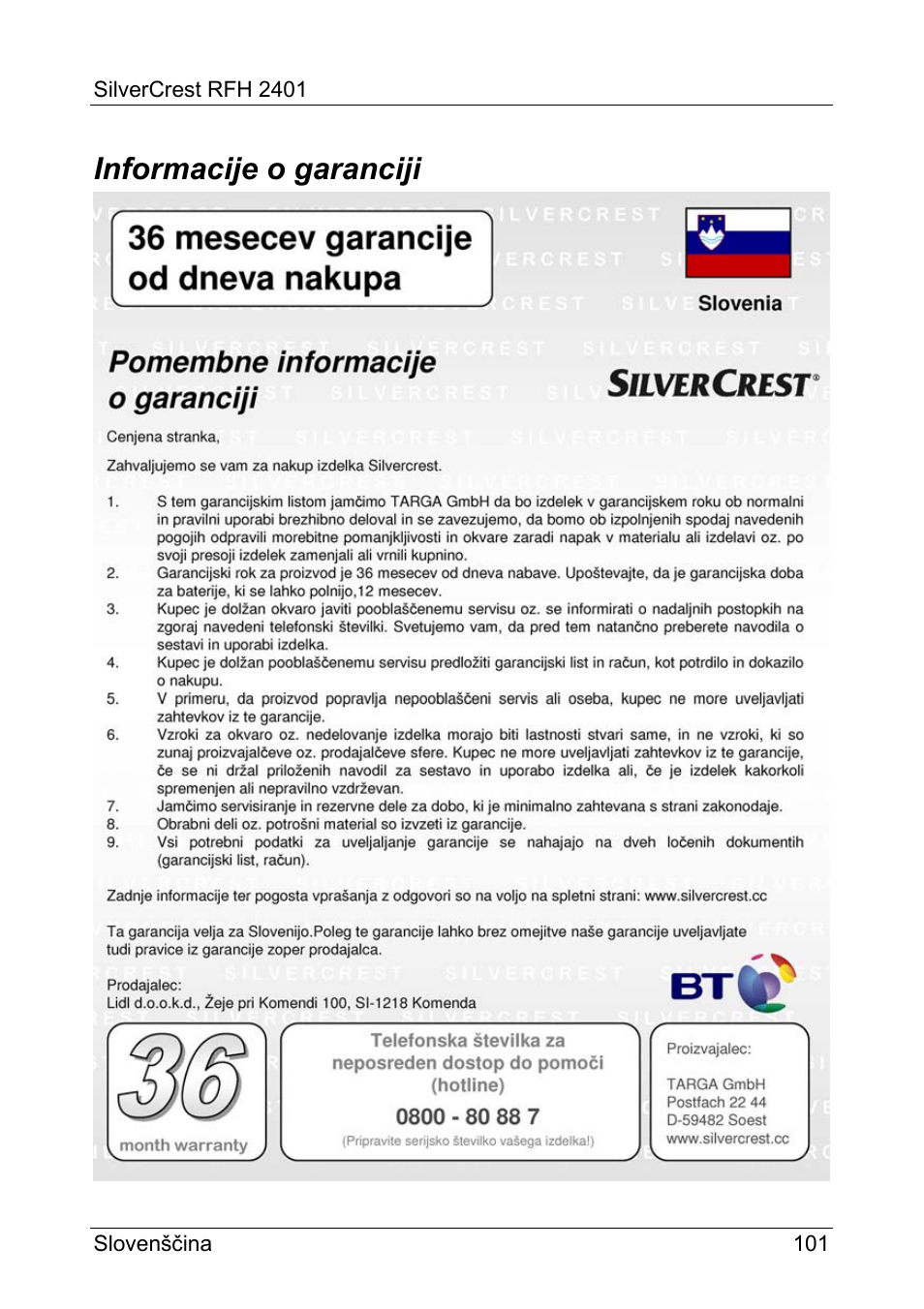 Informacije o garanciji | Silvercrest RFH 2401 User Manual | Page 103 / 183
