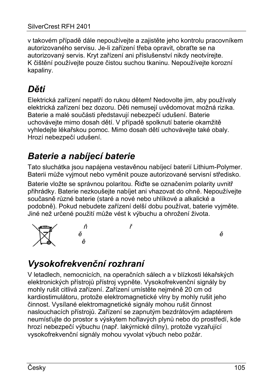 Děti, Baterie a nabíjecí baterie, Vysokofrekvenční rozhraní | Silvercrest RFH 2401 User Manual | Page 107 / 183