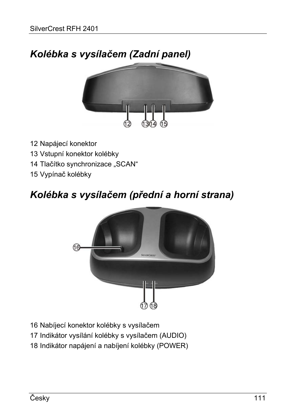 Kolébka s vysílačem (zadní panel), Kolébka s vysílačem (přední a horní strana) | Silvercrest RFH 2401 User Manual | Page 113 / 183