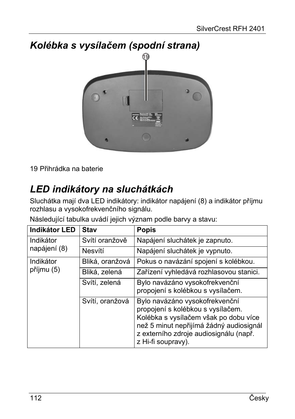 Kolébka s vysílačem (spodní strana), Led indikátory na sluchátkách | Silvercrest RFH 2401 User Manual | Page 114 / 183