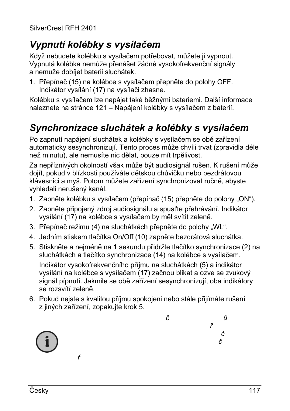 Vypnutí kolébky s vysílačem, Synchronizace sluchátek a kolébky s vysílačem | Silvercrest RFH 2401 User Manual | Page 119 / 183