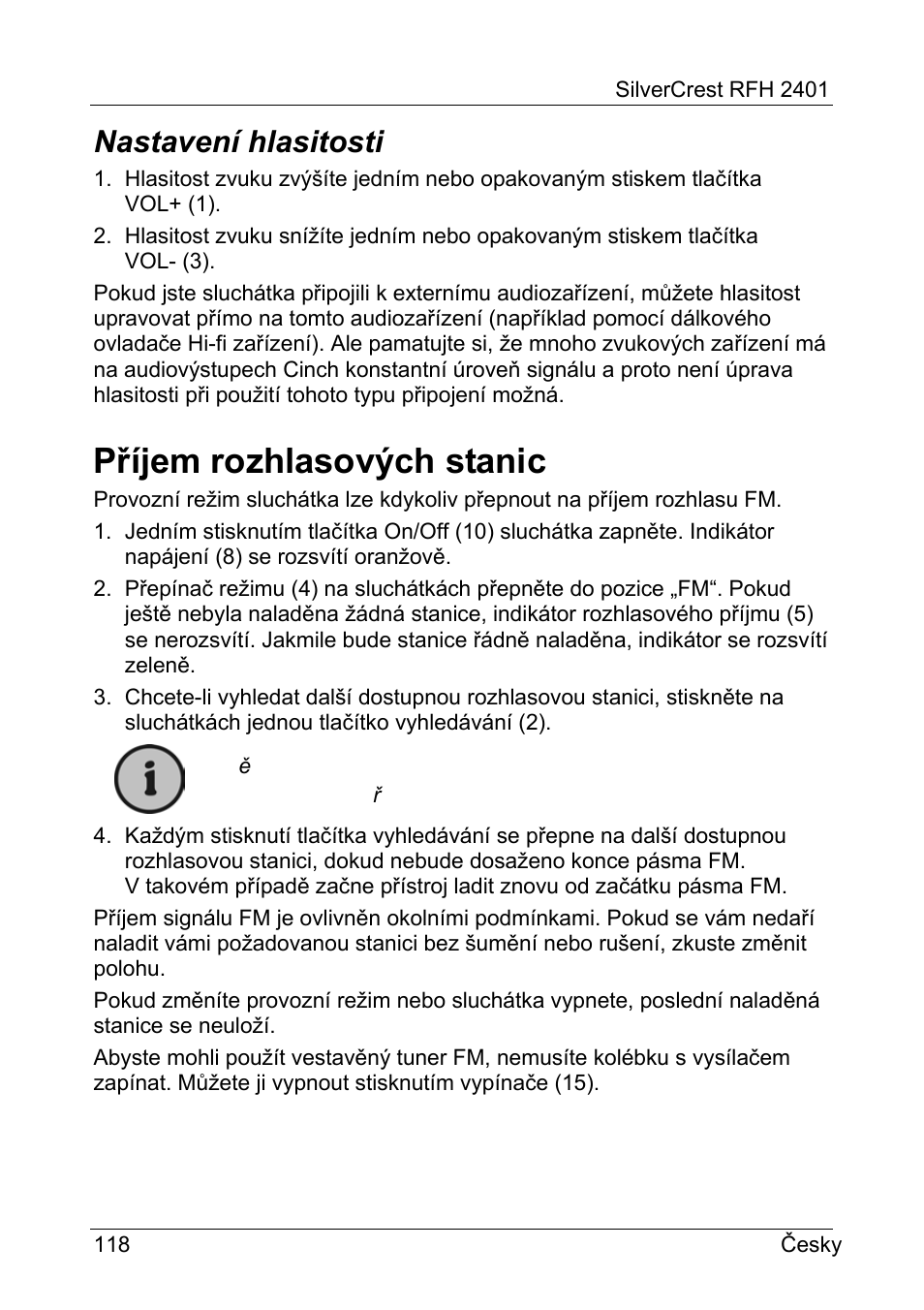 Příjem rozhlasových stanic, Nastavení hlasitosti | Silvercrest RFH 2401 User Manual | Page 120 / 183