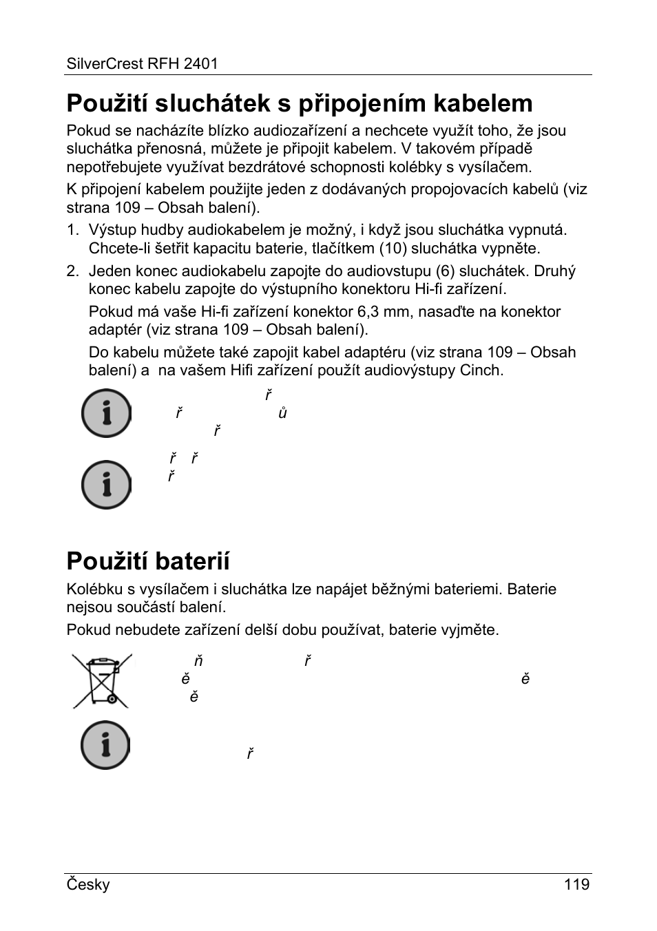 Použití sluchátek s připojením kabelem, Použití baterií | Silvercrest RFH 2401 User Manual | Page 121 / 183