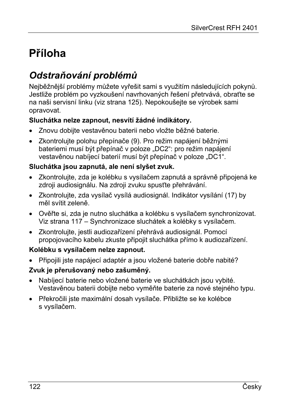 Příloha, Odstraňování problémů | Silvercrest RFH 2401 User Manual | Page 124 / 183