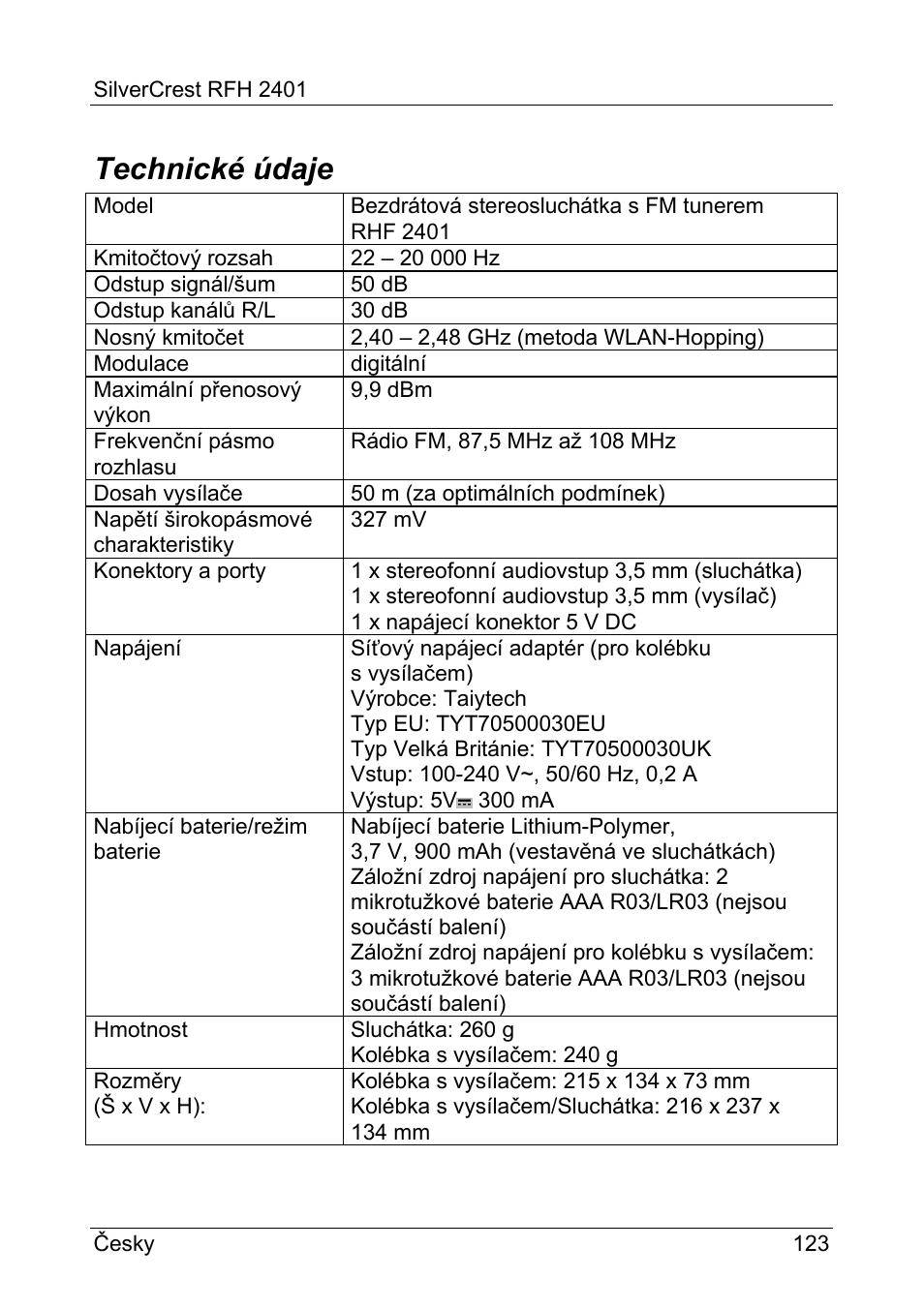 Technické údaje | Silvercrest RFH 2401 User Manual | Page 125 / 183