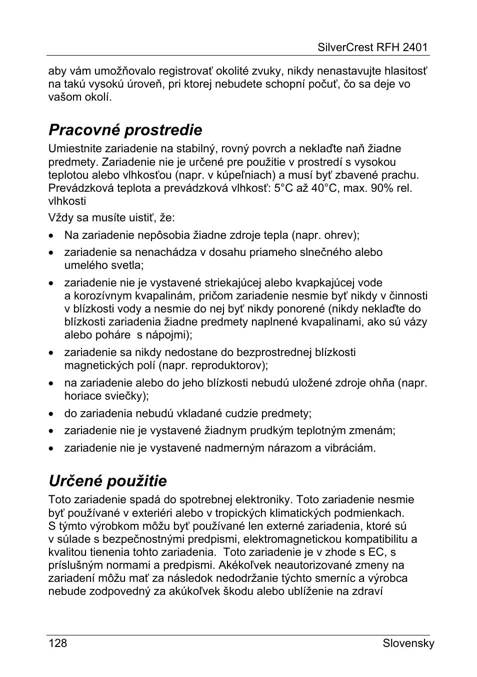 Pracovné prostredie, Určené použitie | Silvercrest RFH 2401 User Manual | Page 130 / 183