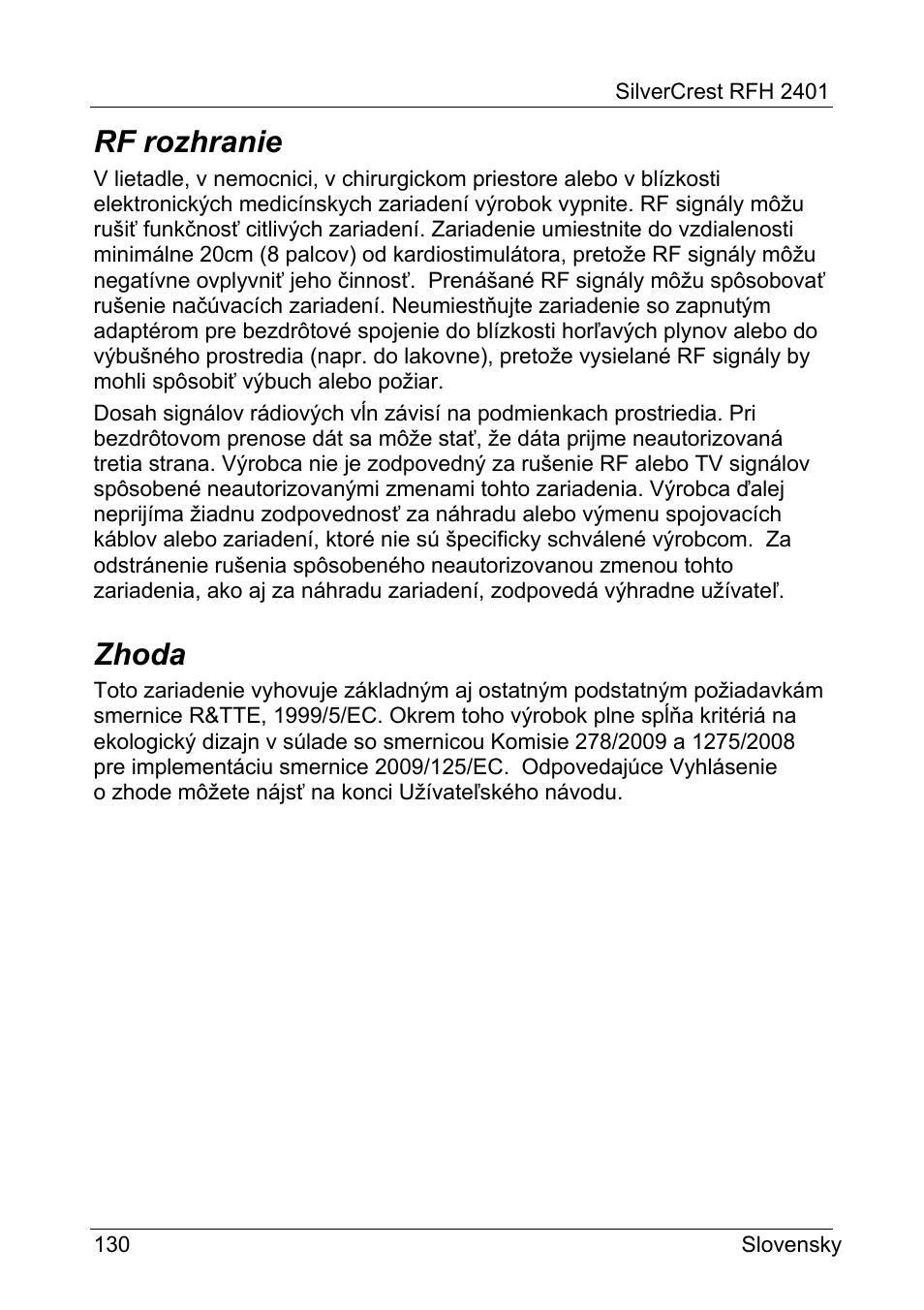 Rf rozhranie, Zhoda | Silvercrest RFH 2401 User Manual | Page 132 / 183