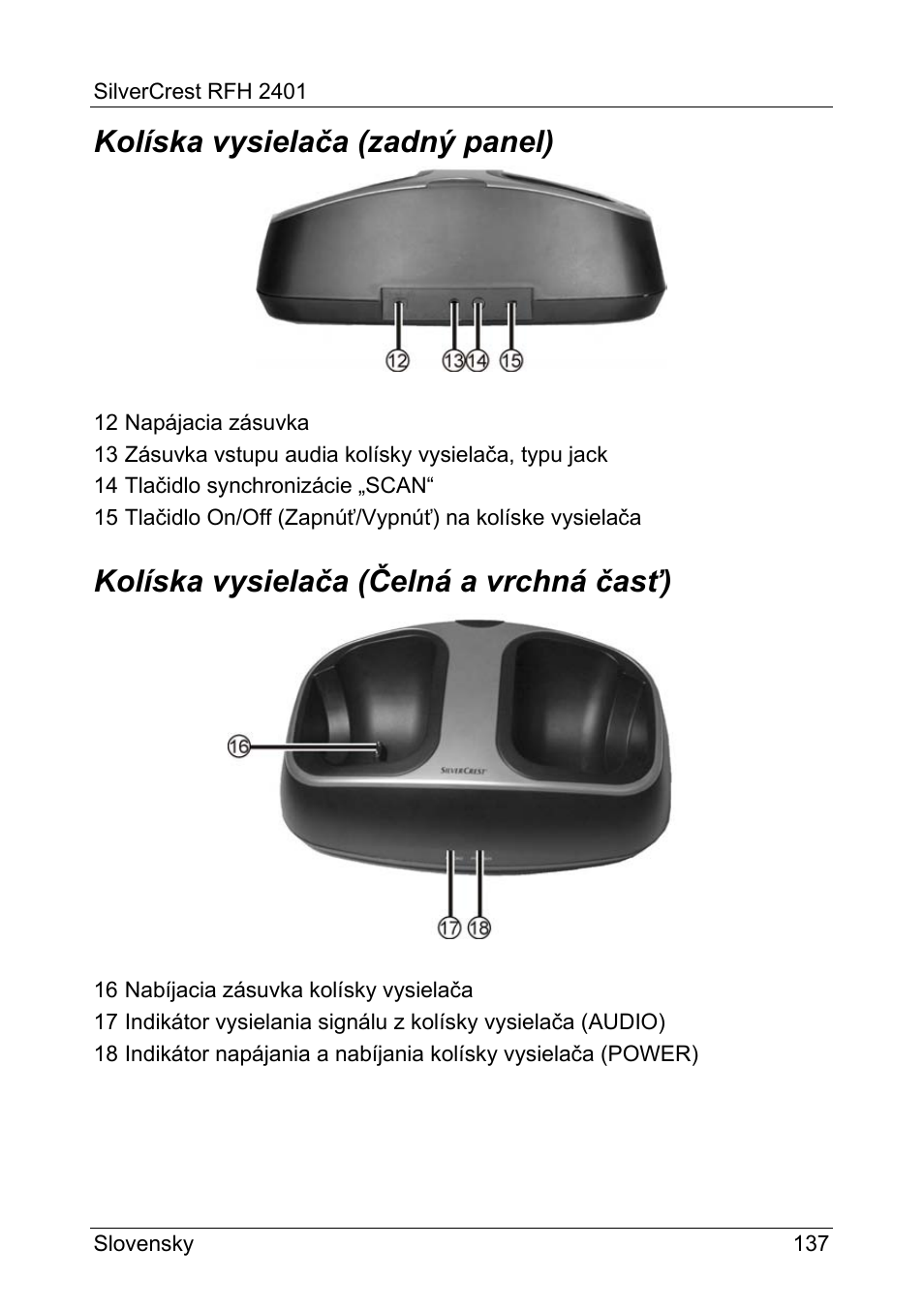 Kolíska vysielača (zadný panel), Kolíska vysielača (čelná a vrchná časť) | Silvercrest RFH 2401 User Manual | Page 139 / 183