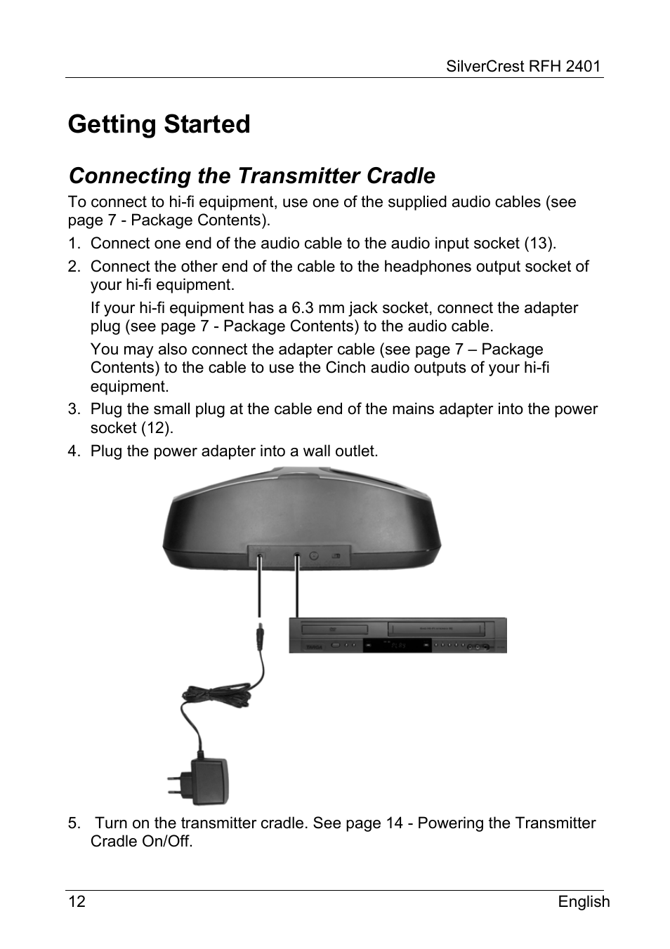 Getting started, Connecting the transmitter cradle | Silvercrest RFH 2401 User Manual | Page 14 / 183