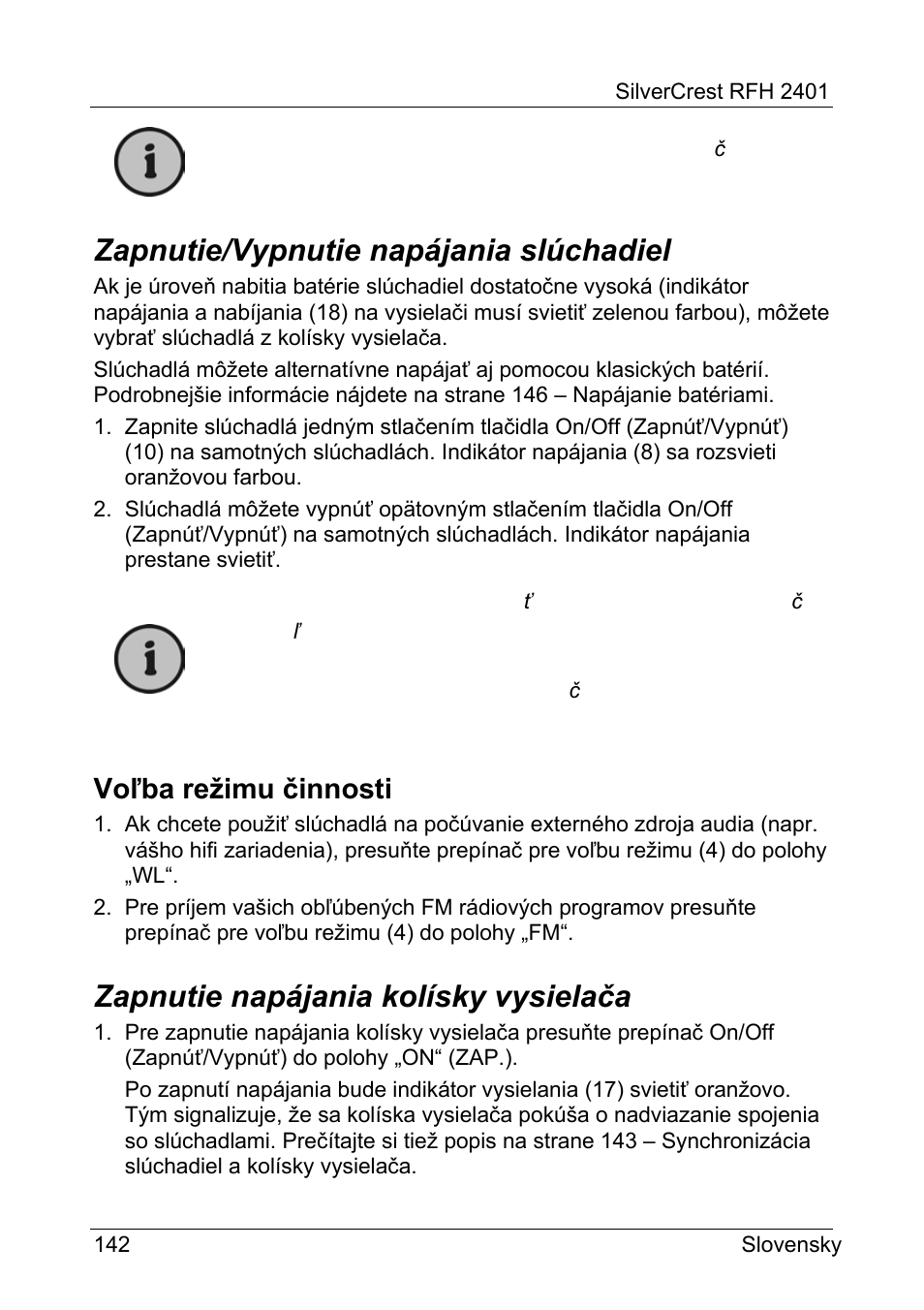Zapnutie/vypnutie napájania slúchadiel, Zapnutie napájania kolísky vysielača, Voľba režimu činnosti | Silvercrest RFH 2401 User Manual | Page 144 / 183