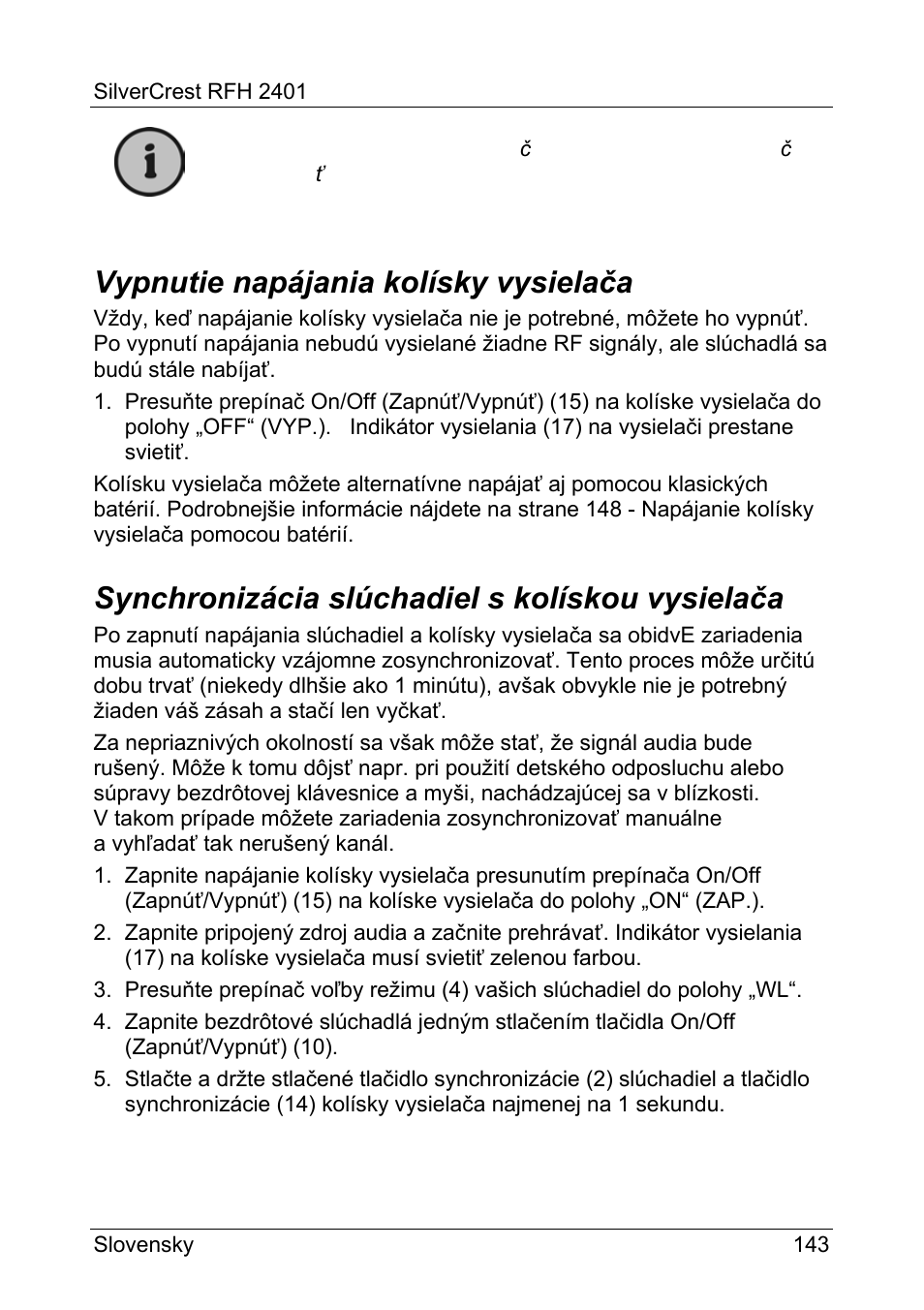 Vypnutie napájania kolísky vysielača, Synchronizácia slúchadiel s kolískou vysielača | Silvercrest RFH 2401 User Manual | Page 145 / 183