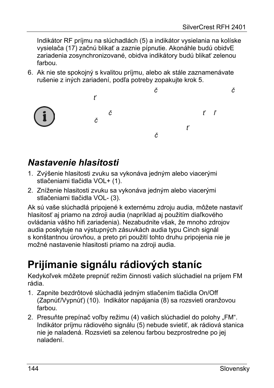 Prijímanie signálu rádiových staníc, Nastavenie hlasitosti | Silvercrest RFH 2401 User Manual | Page 146 / 183